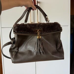 Aldo Brown Shoulder Bag with Faux Fur and Tassel